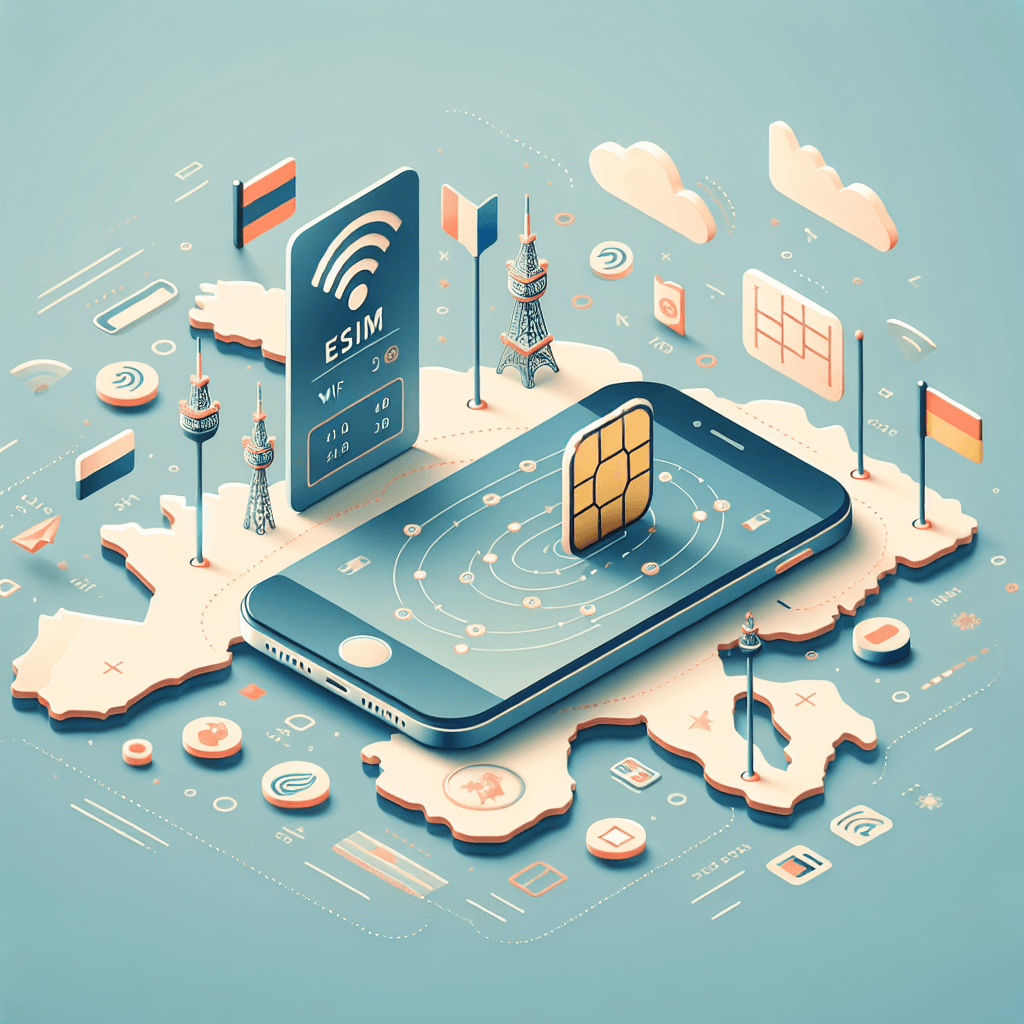 טלפון חכם עם סימולציה של סים דיגיטלי (eSIM) ומפת אירופה ברקע, סמלים של אינטרנט וגלישה. תמונה מתאימה למאמר על סים דיגיטלי לחול וחבילה משתלמת לטסים