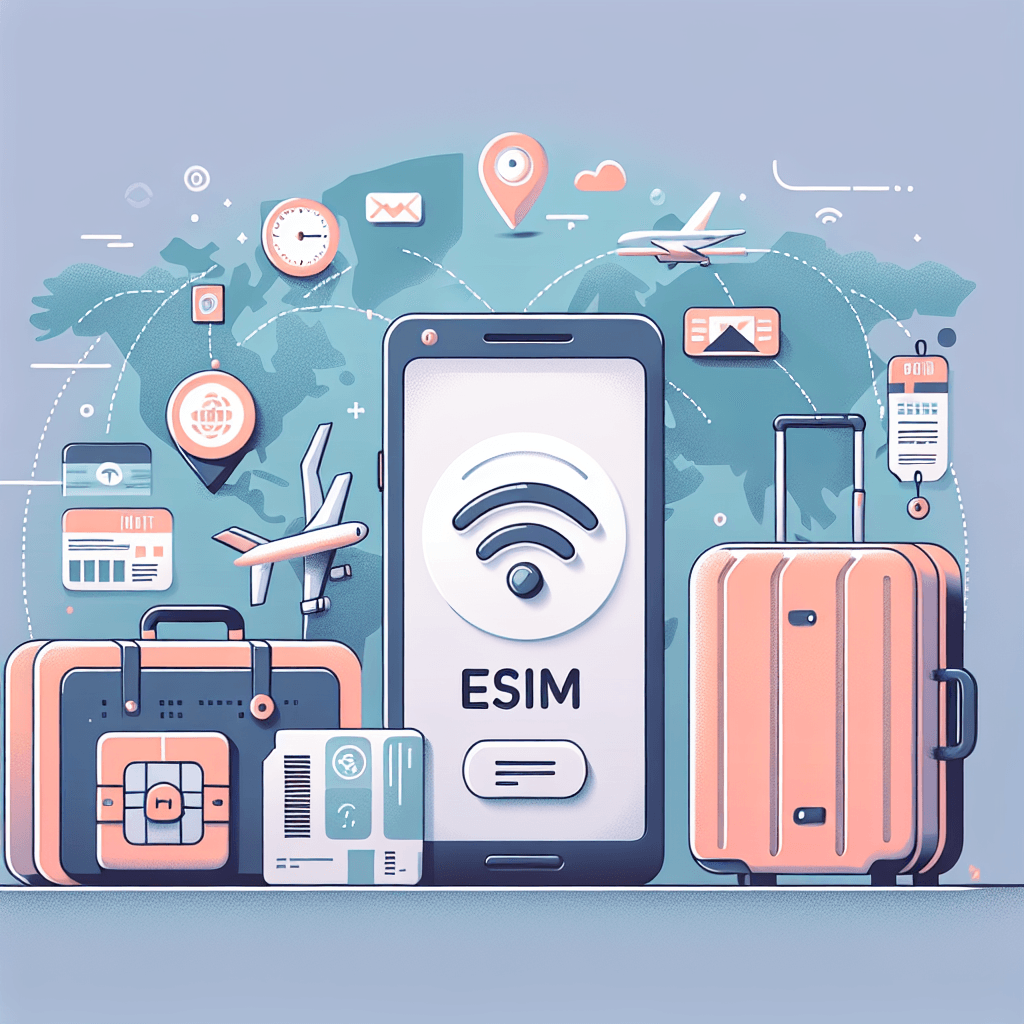 סמארטפון עם אייקון eSIM על המסך, סמלי גלישה סלולרית, מפה עולמית וחבילת טיול, illustrating חבילת גלישה בחול ופתרונות esim לחול